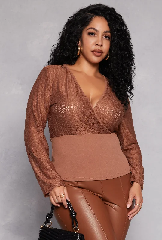 Plus Size Geometric Mesh Faux Wrap Top