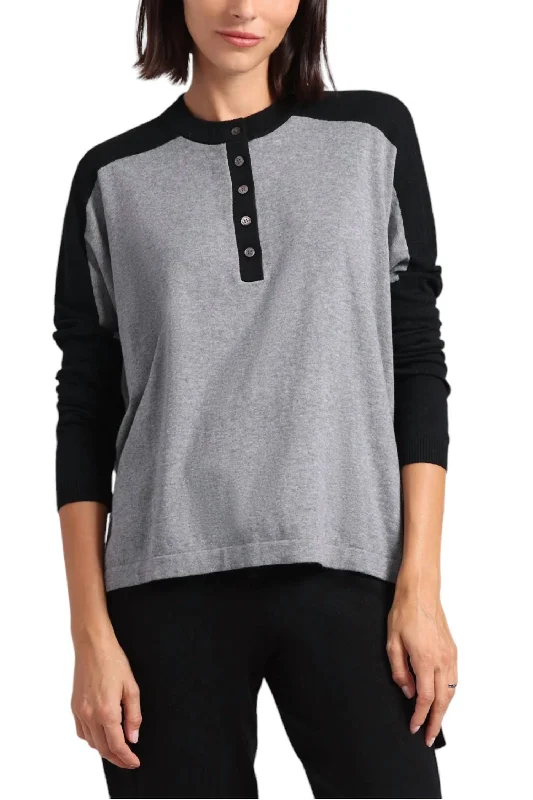 Wendy Oversized Henley Top In Gray/black