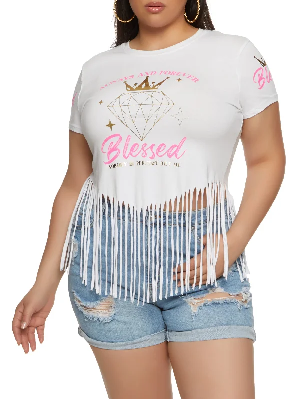 Plus Size Always And Forever Blessed Graphic Fringe Tee