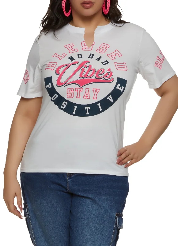 Plus Size Blessed No Bad Vibes Stay Positive Notch Neck Tee