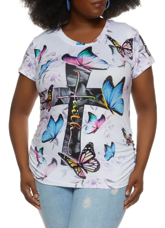 Plus Size Butterfly Print Faith Graphic Tee