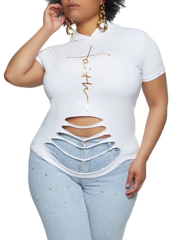 Plus Size Faith Laser Cut Hooded Graphic Tee