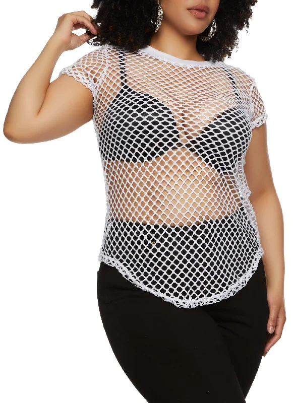 Plus Size Fishnet Crew Neck Top