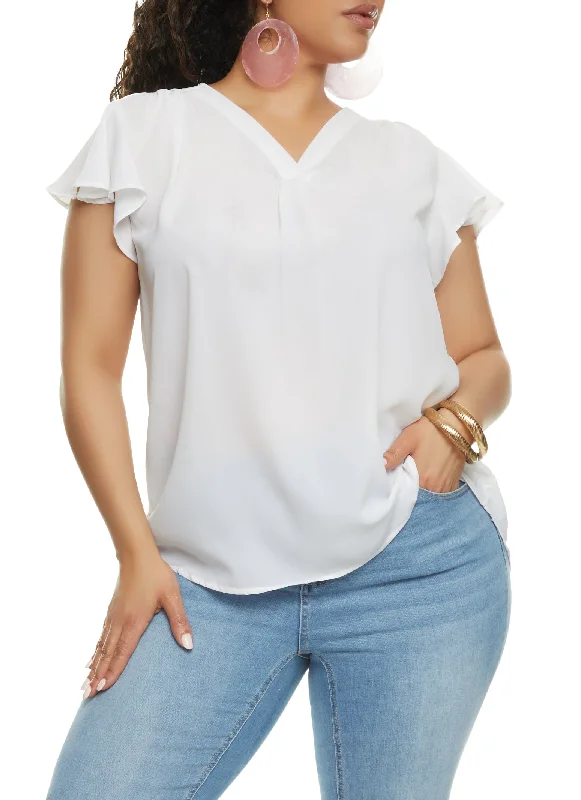 Plus Size Flutter Sleeve V Neck Blouse