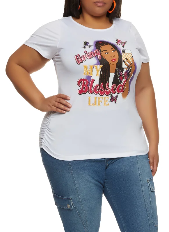 Plus Size Living My Blessed Life Rhinestone Graphic Tee