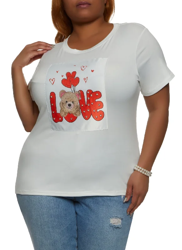 Plus Size Love Bear Rhinestone Graphic Patch Tee