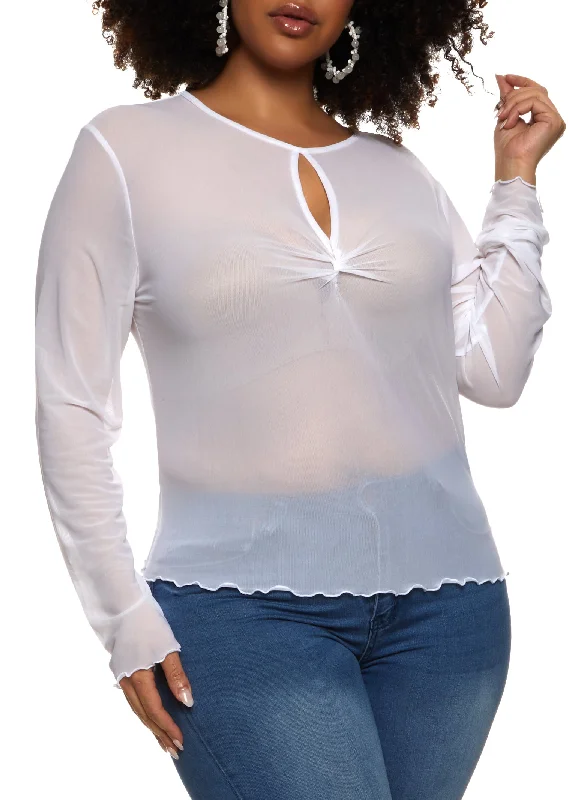 Plus Size Mesh Lettuce Edge Keyhole Top