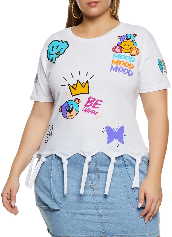 Plus Size Mood Be Happy Graphic Knot Fringe Tee