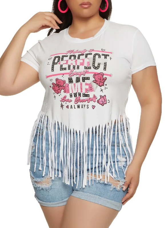 Plus Size Nobody Is Perfect Except Me Graphic Glitter Fringe Tee