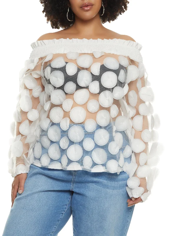 Plus Size Polka Dot Sheer Off the Shoulder Blouse