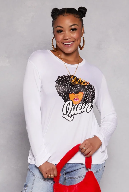 Plus Size Queen Graphic Long Sleeve Top with Necklace