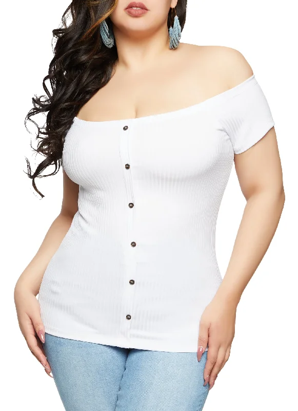 Plus Size Rib Knit Button Detail Off the Shoulder Top