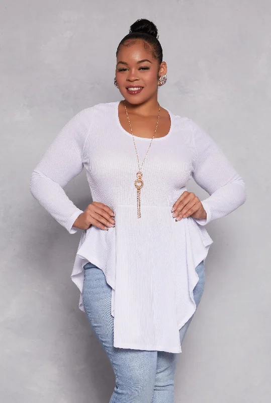 Plus Size Ribbed Knit Peplum Top with Necklace