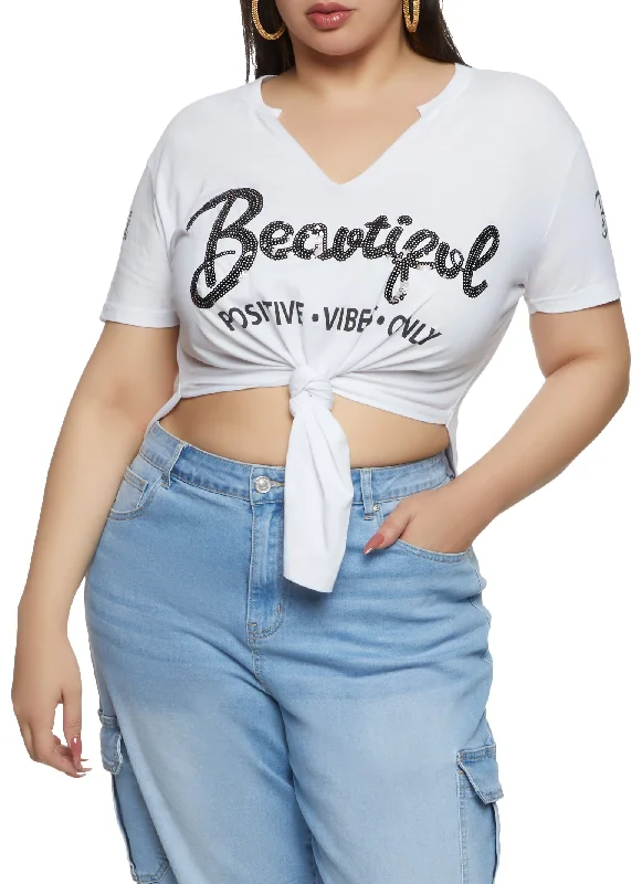 Plus Size Sequin Beautiful Positive Vibes Only Knot Front Tee