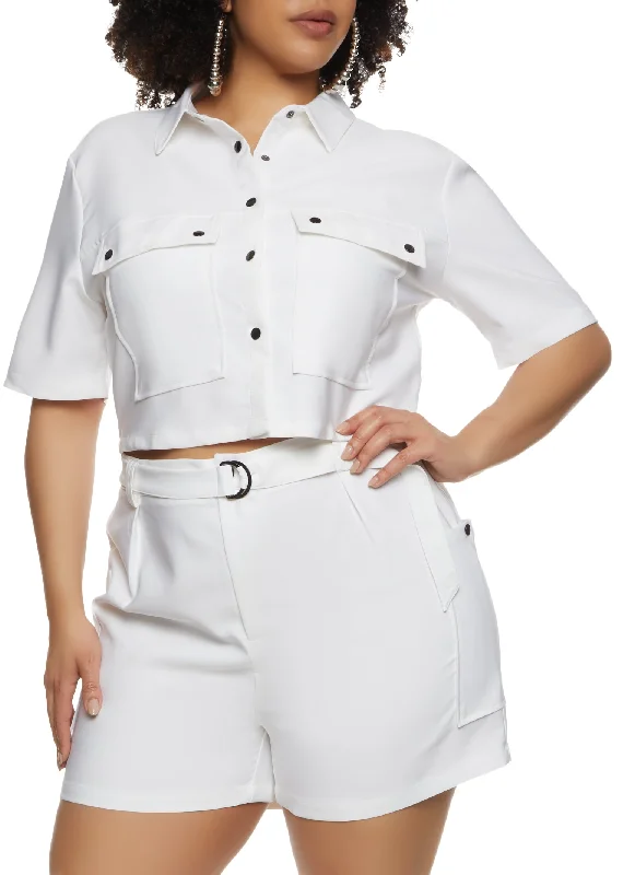 Plus Size Snap Button Front Cropped Shirt