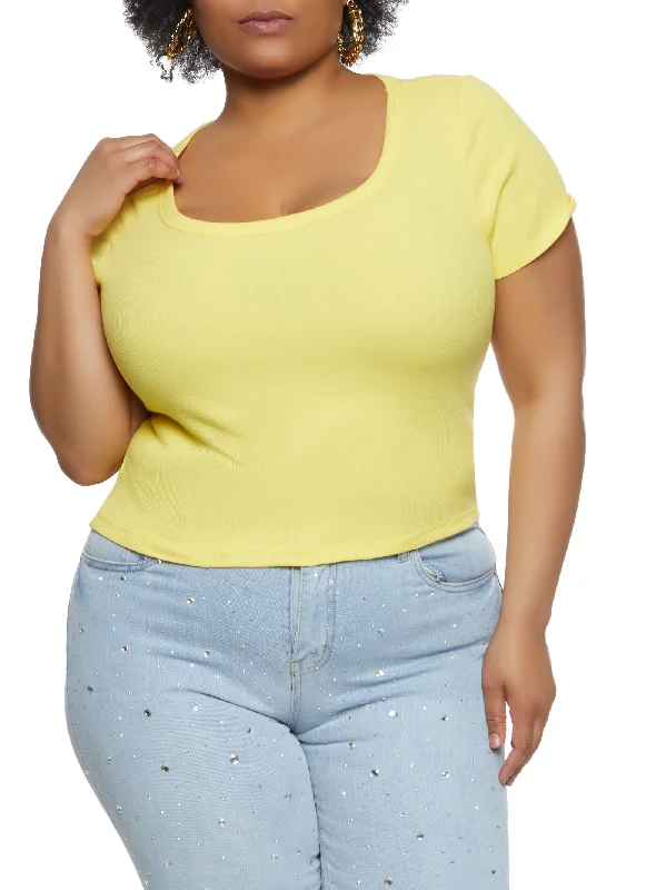 Plus Size Ribbed Knit Basic Scoop Neck Top