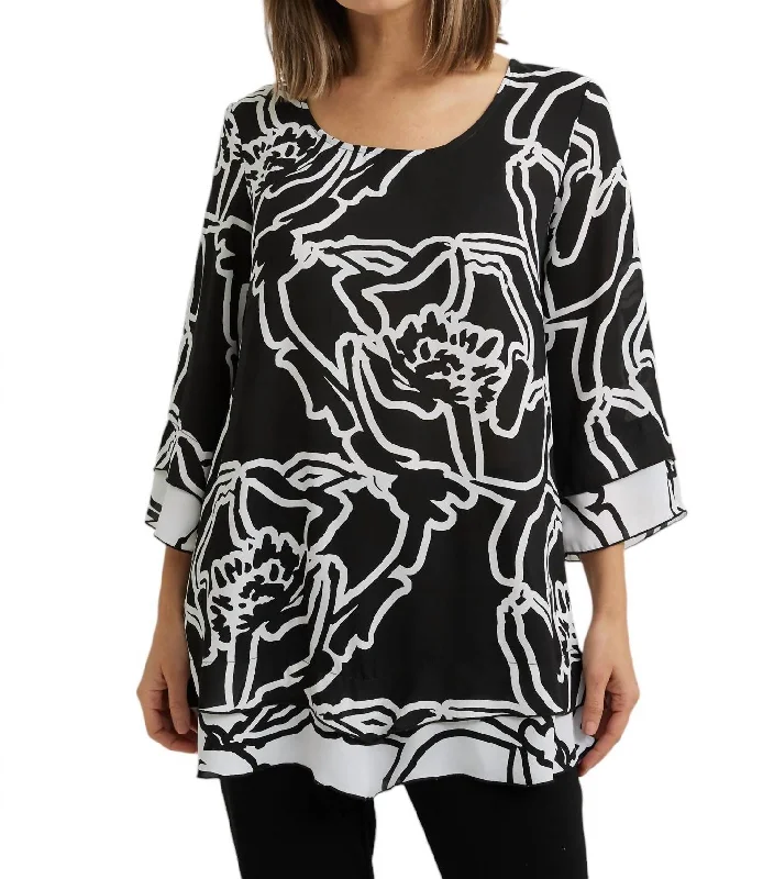 Floral Casual Pullover Top In Black/vanilla