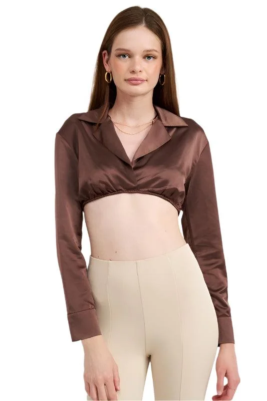 Long Sleeve Collared Crop Top With Underwire