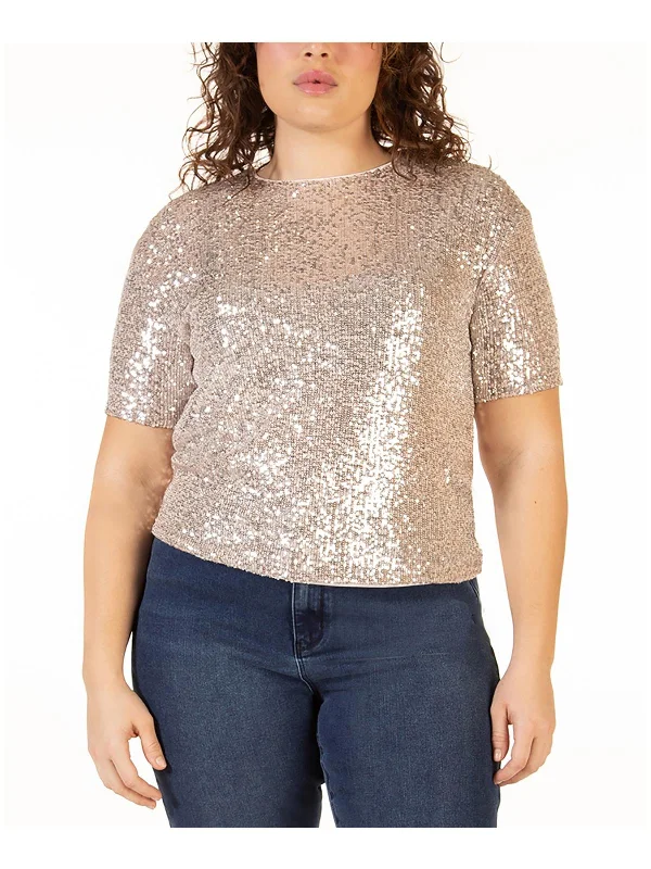 Plus Womens Mesh Sequined Pullover Top