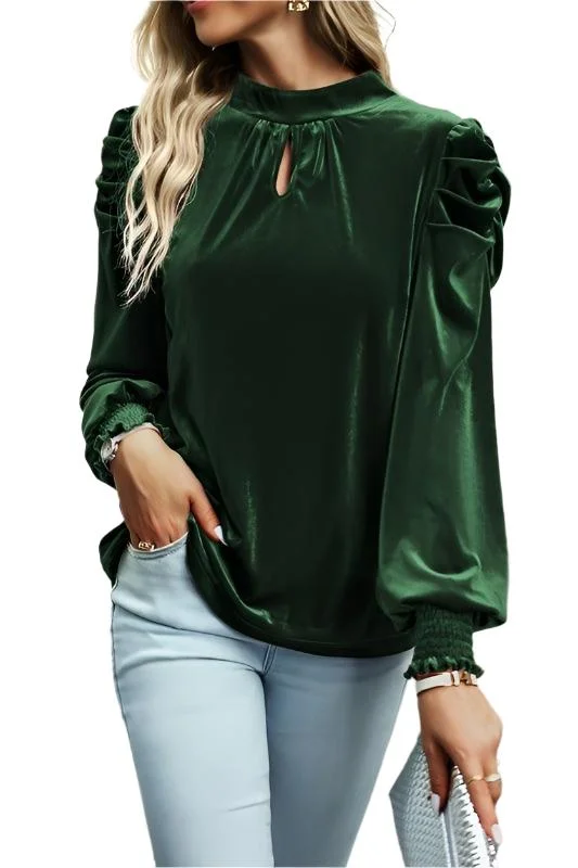 Puff Sleeve Key Hole Velvet Mock Smocked Blouse