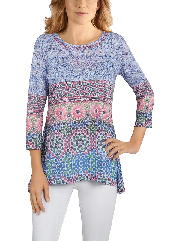 Womens Embellished Printed Pullover Top