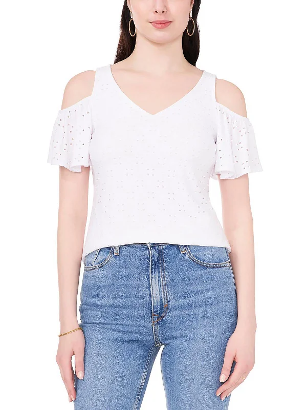 Womens Eyelet Open-Shoulder Pullover Top