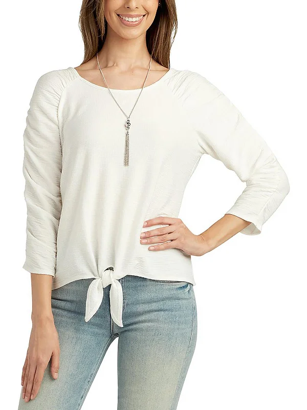 Womens Knot-Front 3/4 Sleeve Pullover Top