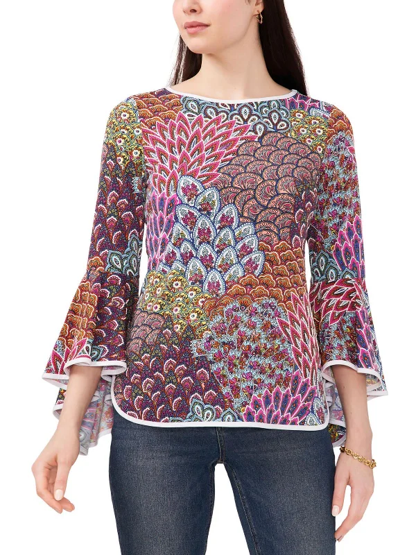 Womens Peacock Print Bell Sleeve Pullover Top