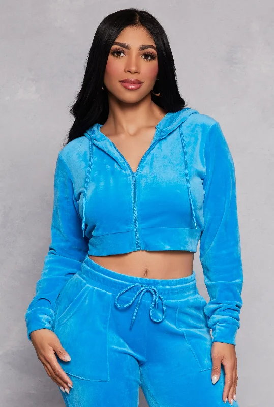 Velour Zip Front Hooded Crop Top