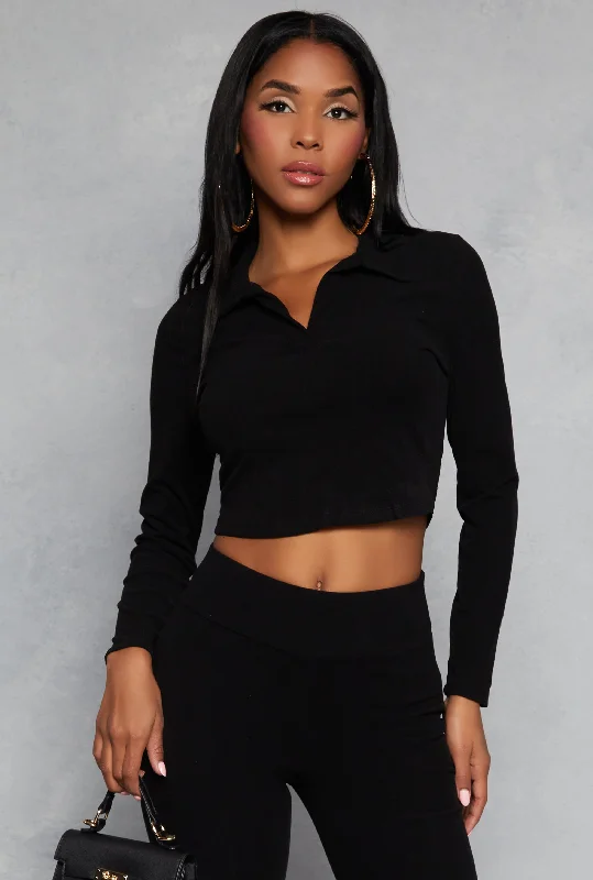 Johnny Collar Long Sleeve Crop Top