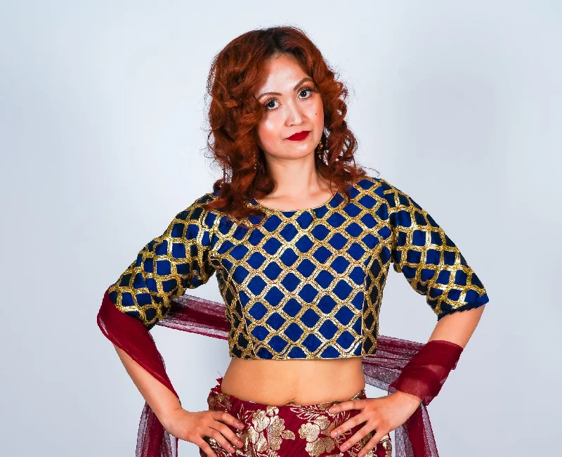 Formal Silk Navy Blue Crop Top with Three Quarter Sleeves