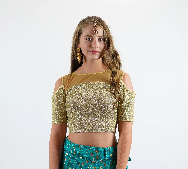 Elegant Laguna Gold Stretchy Crop Top With Cold Cut Shoulder