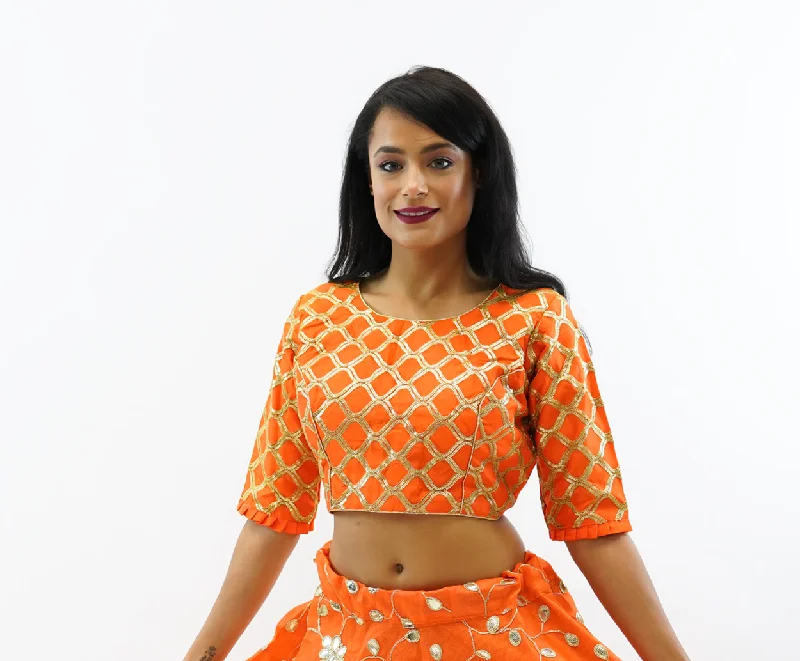 Formal Embroidered Silk Salamander Orange Crop Top with Three Quarter Sleeves