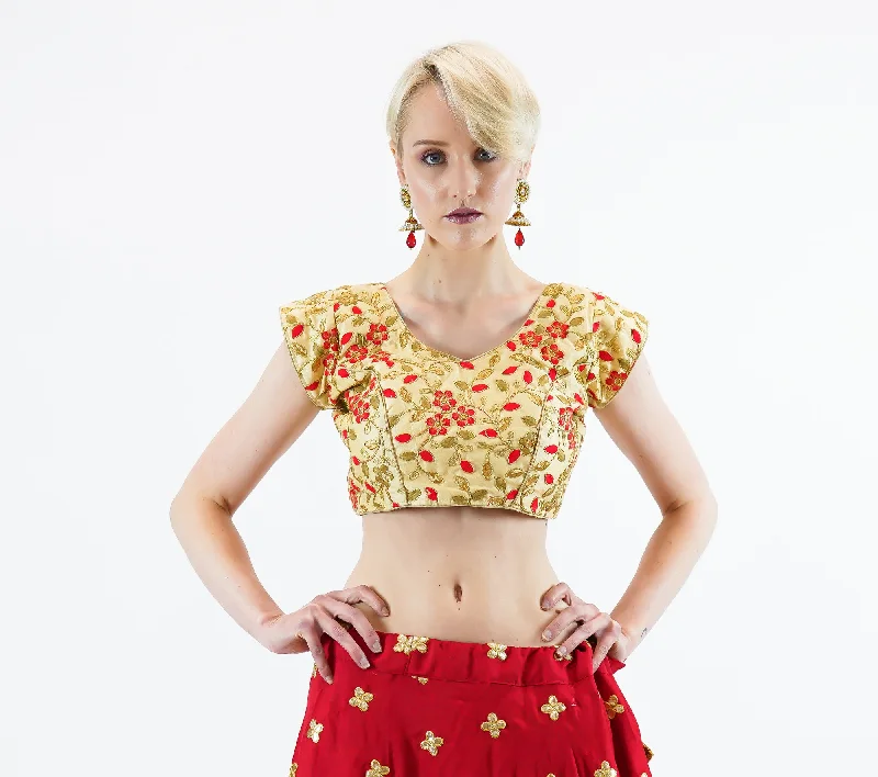 Formal Silk Banana Yellow Gold With Candy Apple Red Embroidered Crop Top