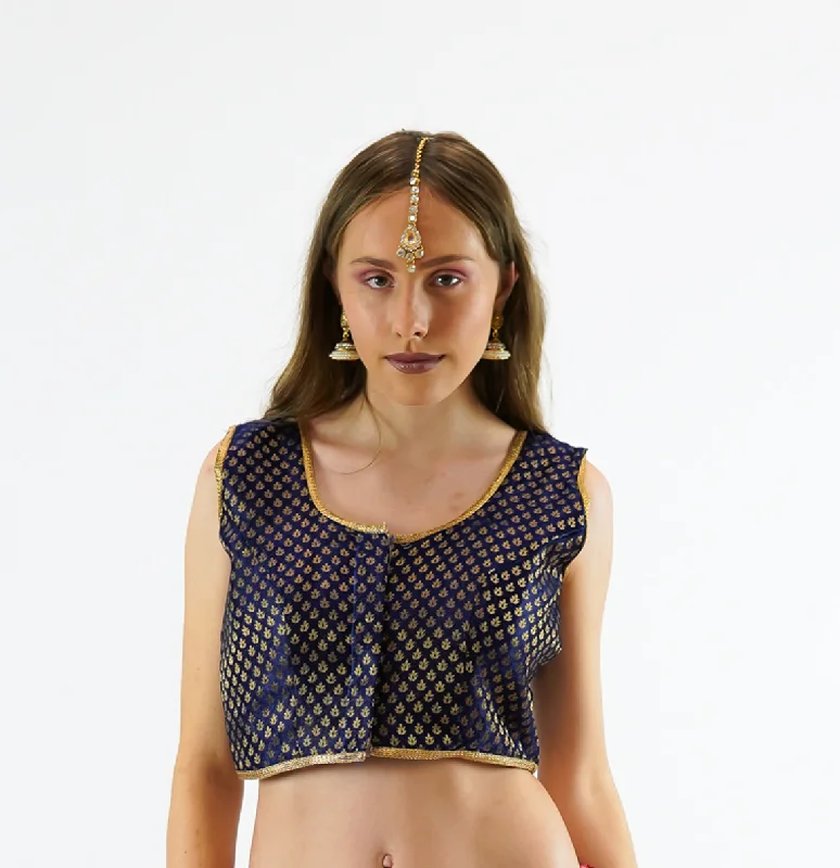 Formal Silk Brocade Space Blue Sleeveless Crop Top