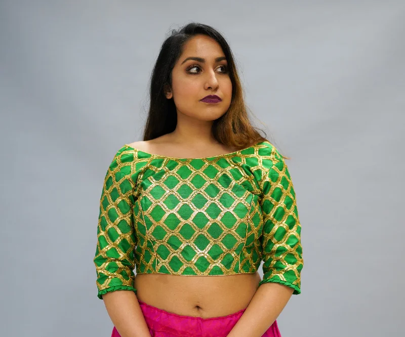 Formal Silk Dark Paris Green Crop Top with Three Quarter Sleeves