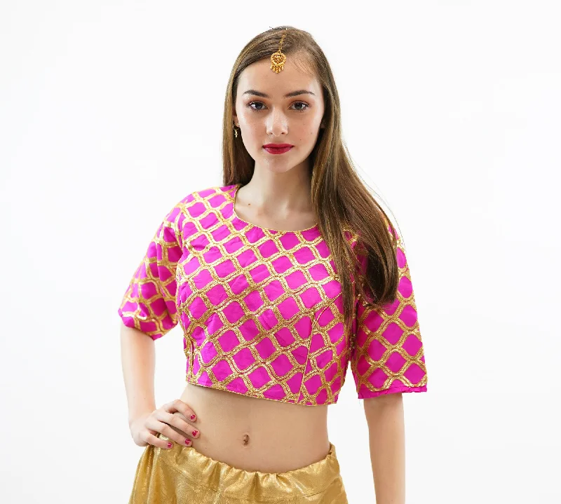 Formal Silk Magenta Pink Crop Top with Three Quarter Sleeves