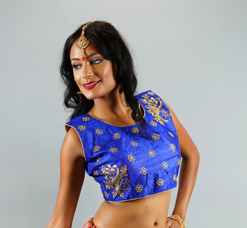 Formal Silk Persian Blue Embroidered Crop Top