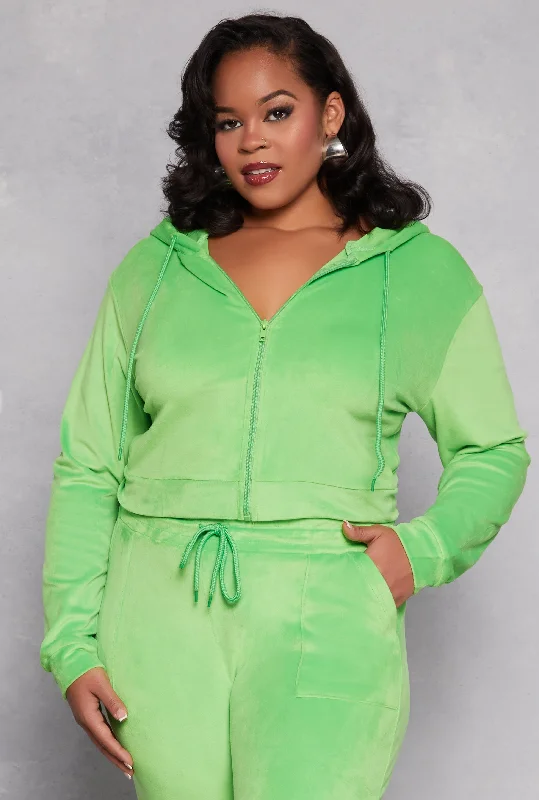 Plus Size Velour Zip Front Hooded Crop Top