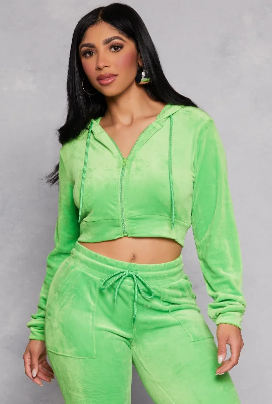 Velour Zip Front Hooded Crop Top