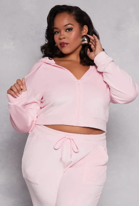 Plus Size Velour Zip Front Hooded Crop Top