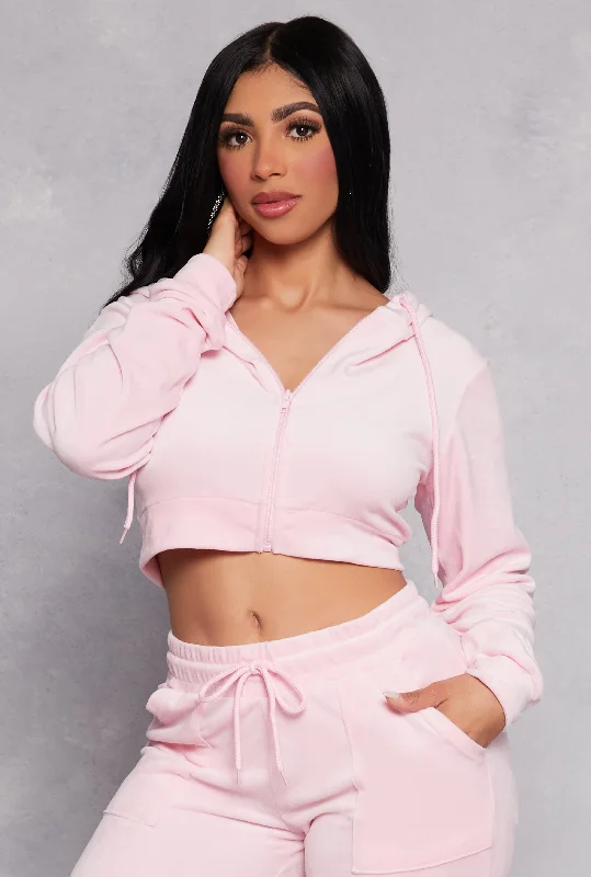 Velour Zip Front Hooded Crop Top