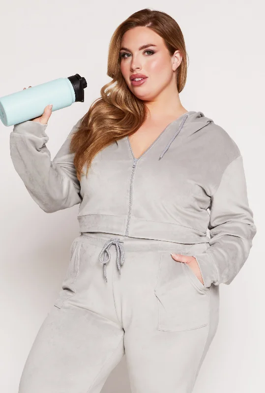 Plus Size Velour Zip Front Hooded Crop Top