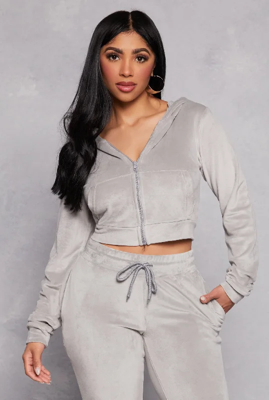 Velour Zip Front Hooded Crop Top