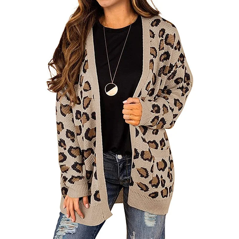 Cardigans Kniting Leopard Patterns Long Sleeves Pockets for Women