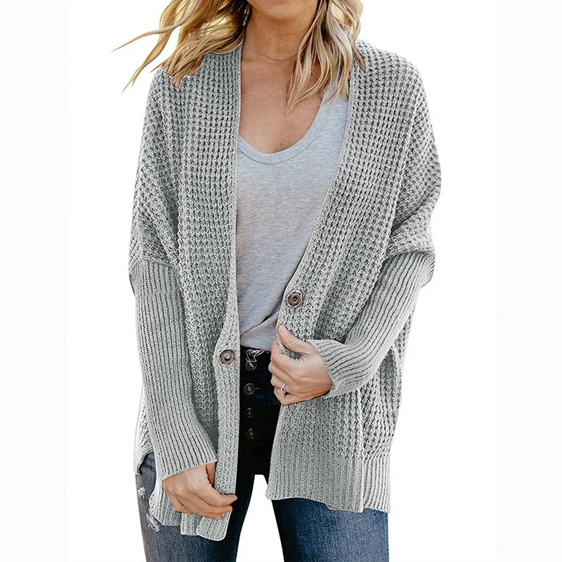 Cardigans Kniting Plain Bat Sleeves Button for Women