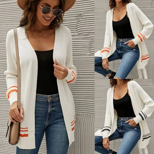 Women Color Contrast Long Cardigan Sweater