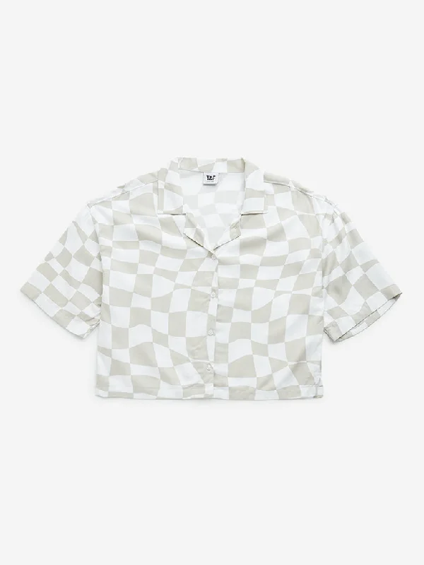 Y&F Kids Beige Checkered Print Cotton Cropped Shirt