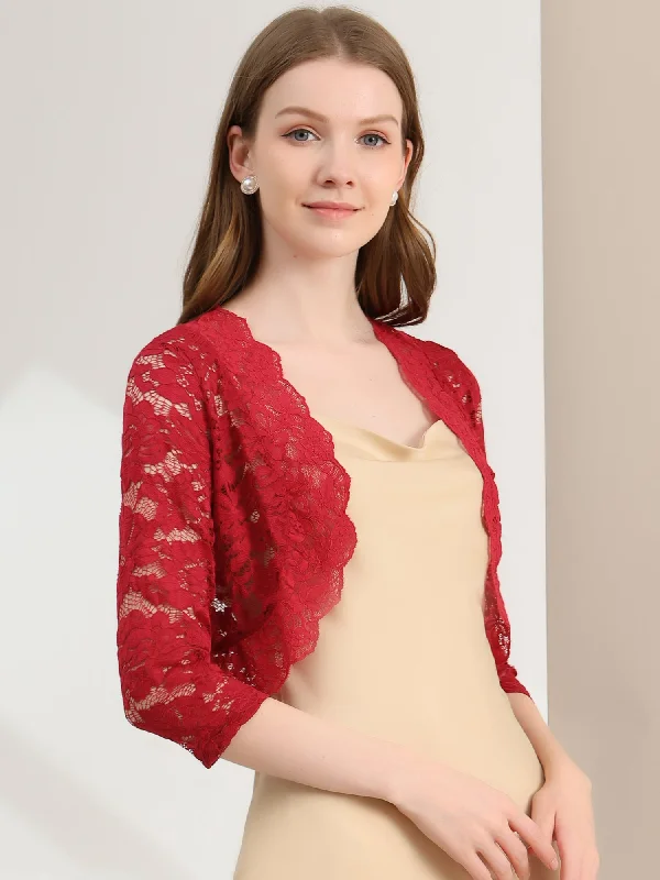 Lace 3/4 Sleeves Sheer Floral Cropped Bolero Shrug